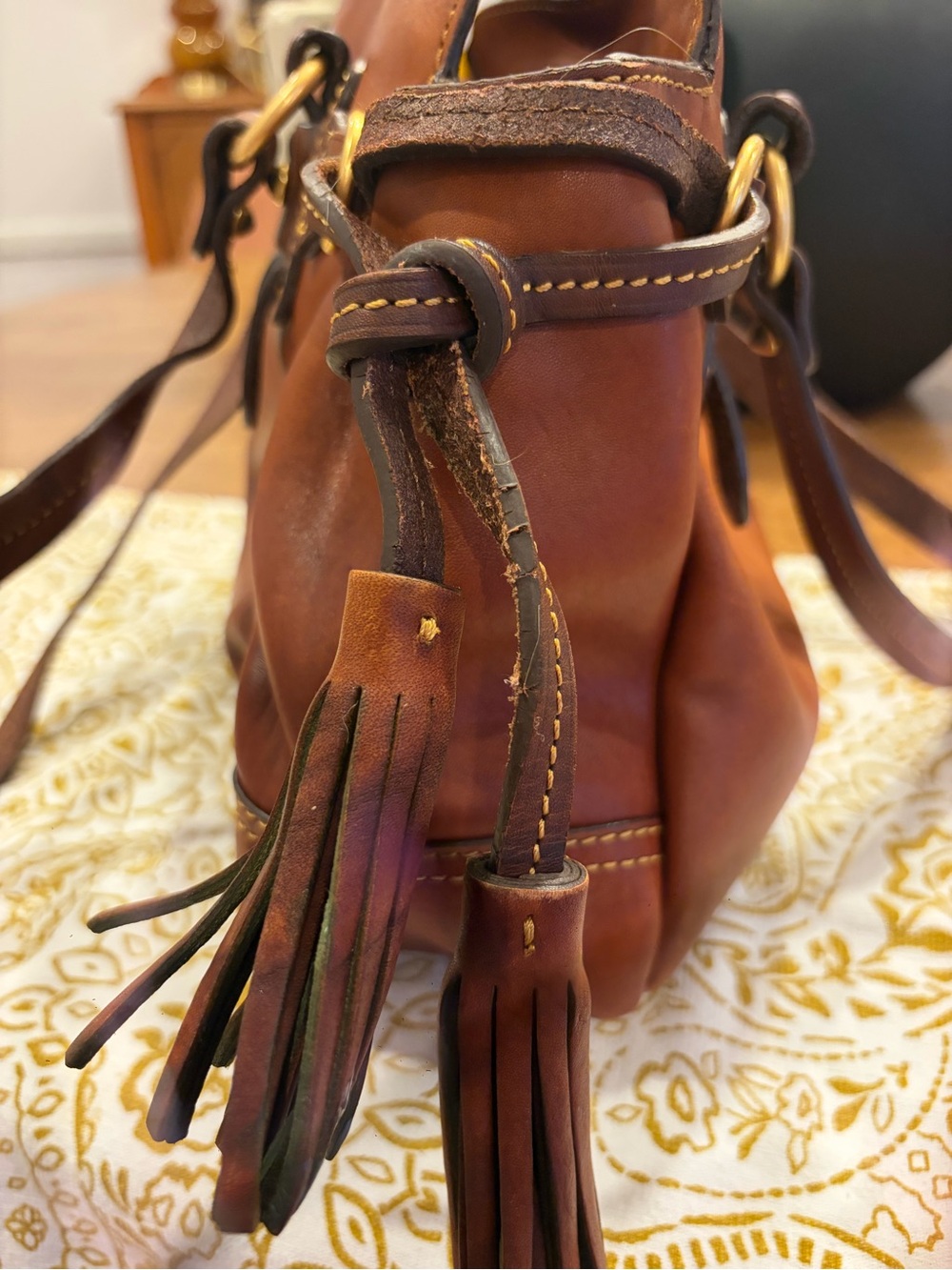 Dooney & Bourke Cognac Leather Satchel with Dark Brown Trim - Picture 4 of 14
